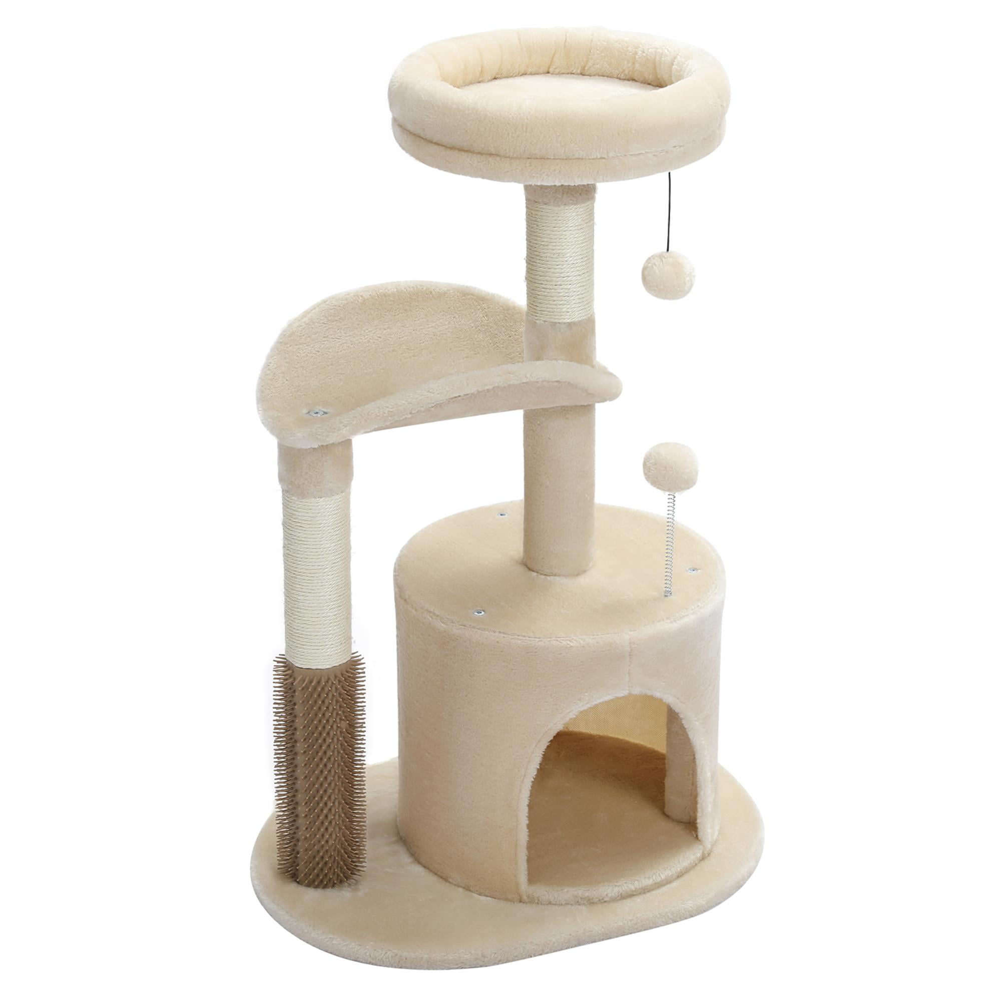 Pefilos 32" Cat Tree Indoor with Self Groomer Brush, Sisal Scratching Post, Dangling Ball, Wood Cat Condo Tower for Small, Medium Cats, Beige Pefilos 32" Cat Tree Indoor with Self Groomer Brush, Sisal Scratching Post, Dangling Ball, Wood Cat Condo Tower for Small, Medium Cats, Beige