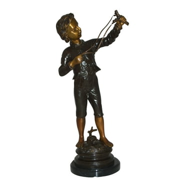 Boy with a Slingshot Bronze Statue -  Size: 12"L x 7"W x 21"H.