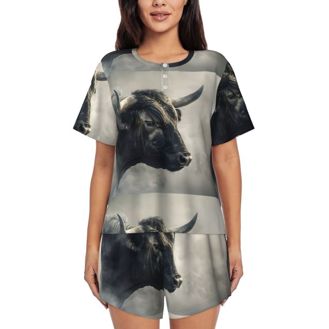 Fotbe Mystical Bull in Fog Conjunto de Pijama Estampado para Mujer, 2 Piezas, Ropa de Dormir con Camiseta de Manga Corta y Shorts Suaves-X-Large