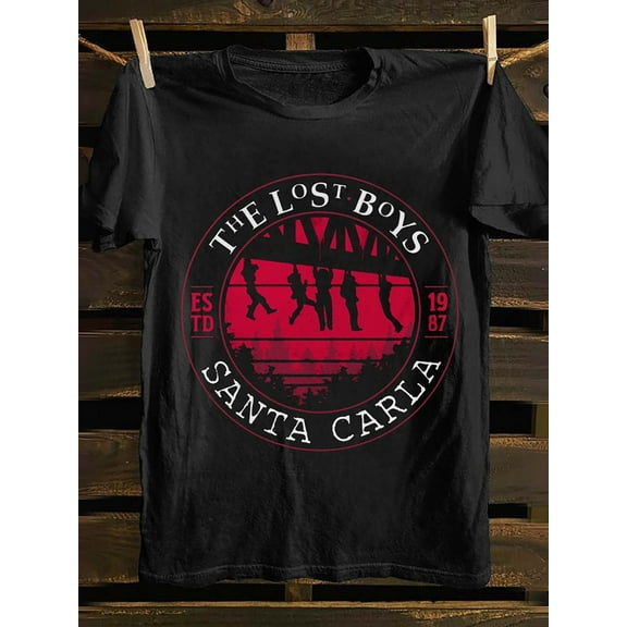 1pc Men'S Vintage "The Lost Boys" Santa Carla Graphic T-Shirt - Cotton Round Neck Short Sleeve, 180g Regular Fit, Black & Red Retro Design, Comfortable Casual Wear for All Seasons, Perfect Father'S