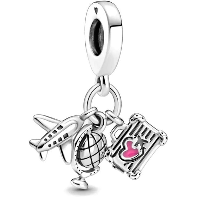 Abalorio Charm Dije 100% plata de ley 925 Viajes Avión Mundo Maleta colgante para mujer compatible con Pandora y otras pulseras