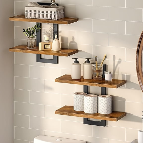 Floating Wood Shelves Set Of 2, Farmhouse Wall Mounted Shelf for Bedroom, Bathroom Shelves for Storage, Modern Display Rack for Decor, Hanging Wall Shelves for Room - Rustic Brown, Floating Shelves