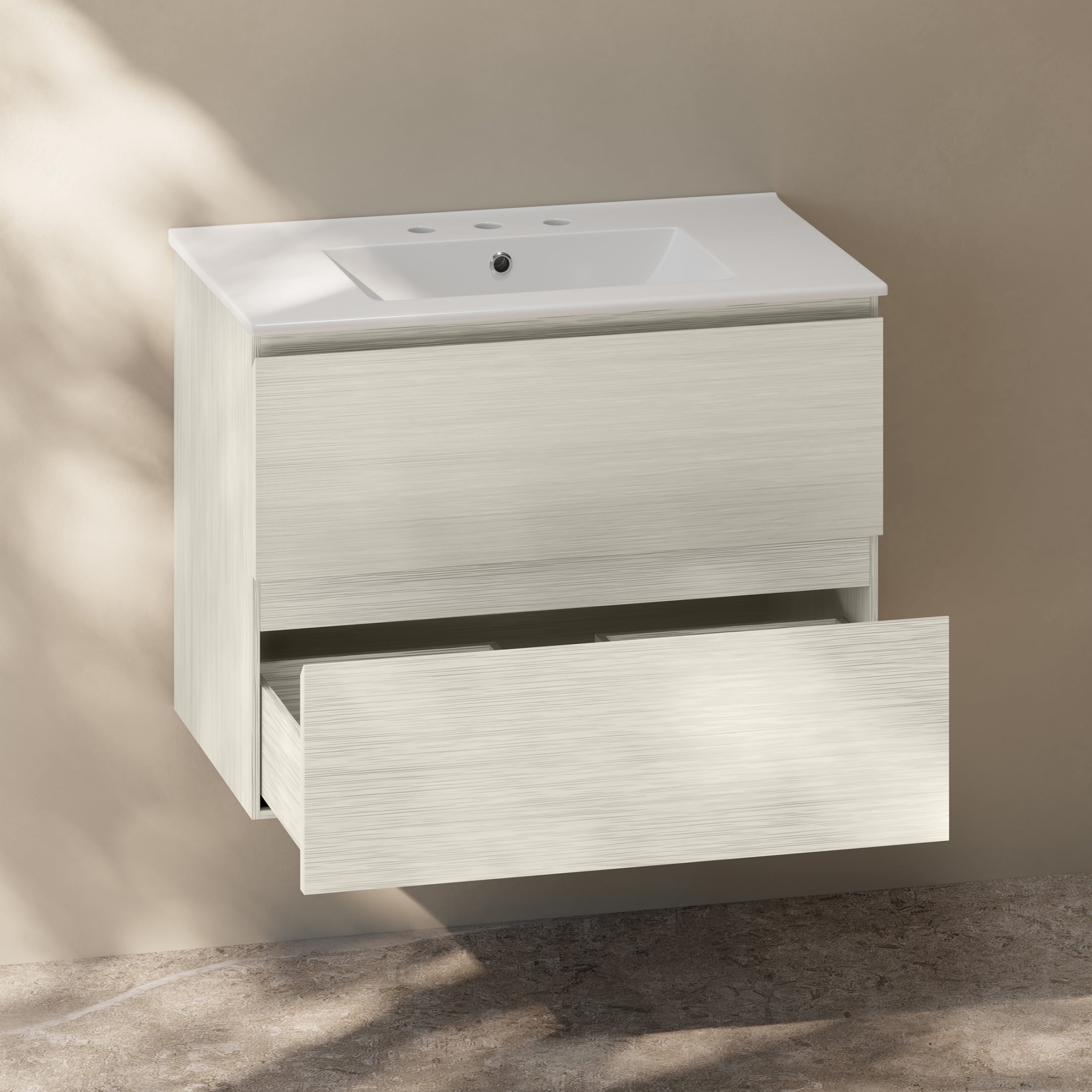 Liberte 30" Wall-Mounted Bathroom Vanity in White Oak with 3-Hole Widespread Sink Top