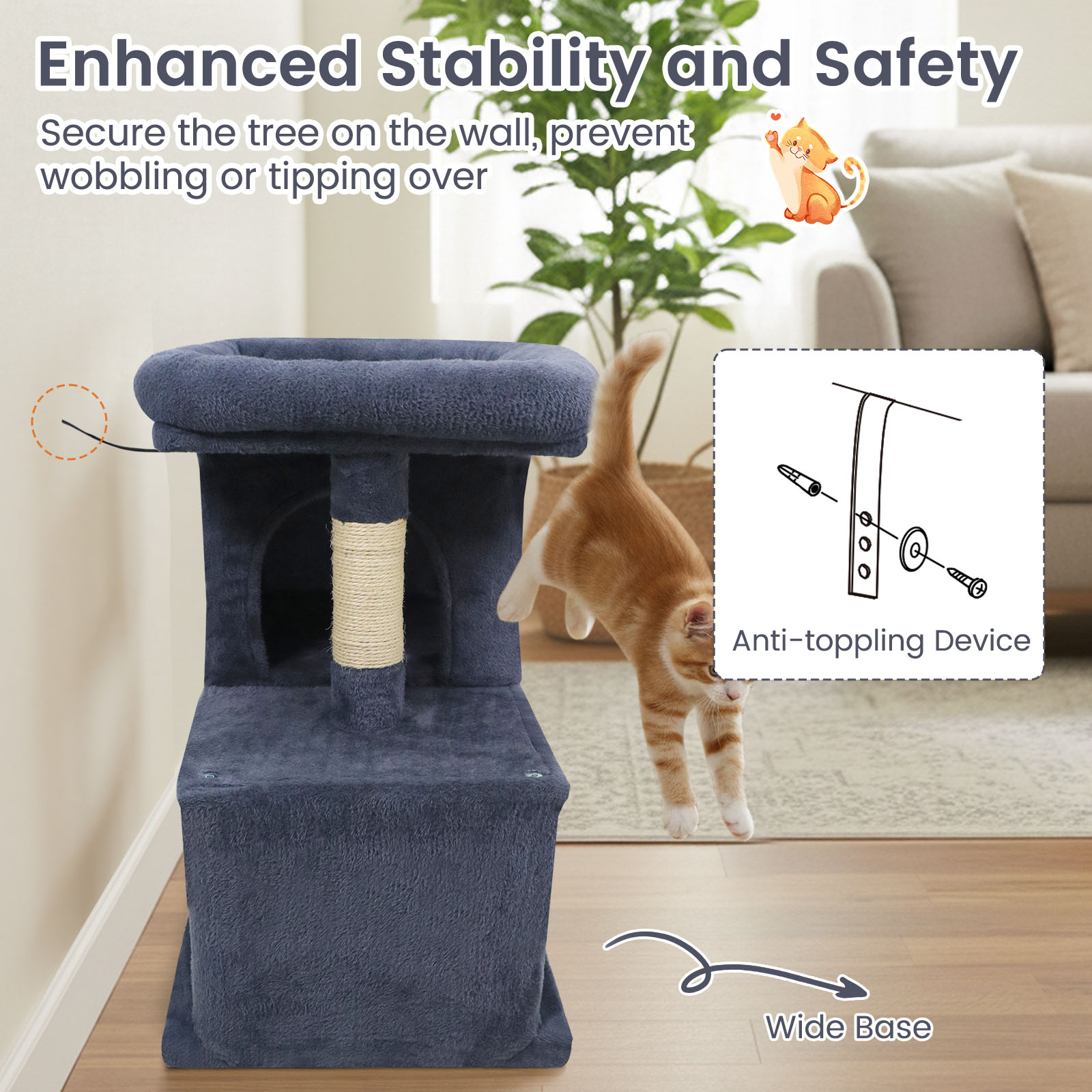 Gymax 25.5'' Cat Tree w/2 Large Condo Padded Top Perch Sisal Scratching Posts for Cats Grey