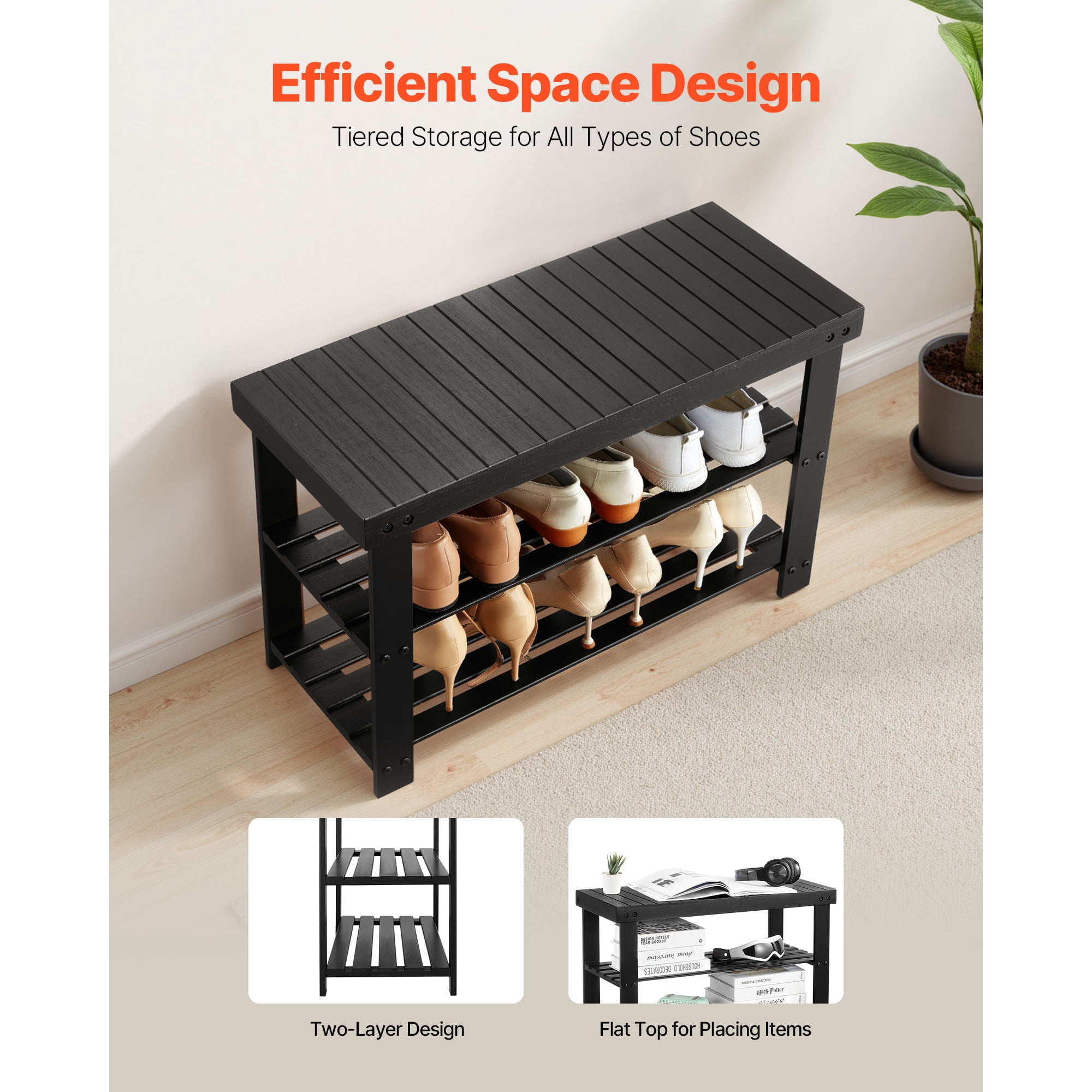 KFFKFF 3-Tier Wooden Shoe Rack Bench, Sturdy Shoe Organizer with 286 lbs Capacity, 27.6 x 11.3 x 17.8 Inches, Ideal for Hallways, Bedrooms, and Living Spaces, Black