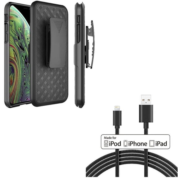 MFi USB Cable w Case Belt Clip for iPhone XS/X - 10ft Certified Charger Cord Power Wire, Holster Swivel Cover Kickstand Armor for iPhone XS/X