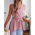 thumbnail image 3 of Women V Neck Wrap Blouse Tie Waist Sleeveless Irregular Hem Pure Color Dressy Belted Shirt Pink L, 3 of 8