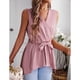 thumbnail image 3 of Blusa cruzada con cuello en V para mujer, cintura con lazo, sin mangas, dobladillo irregular, camisa elegante con cinturón de color puro, rosa L, 3 of 8