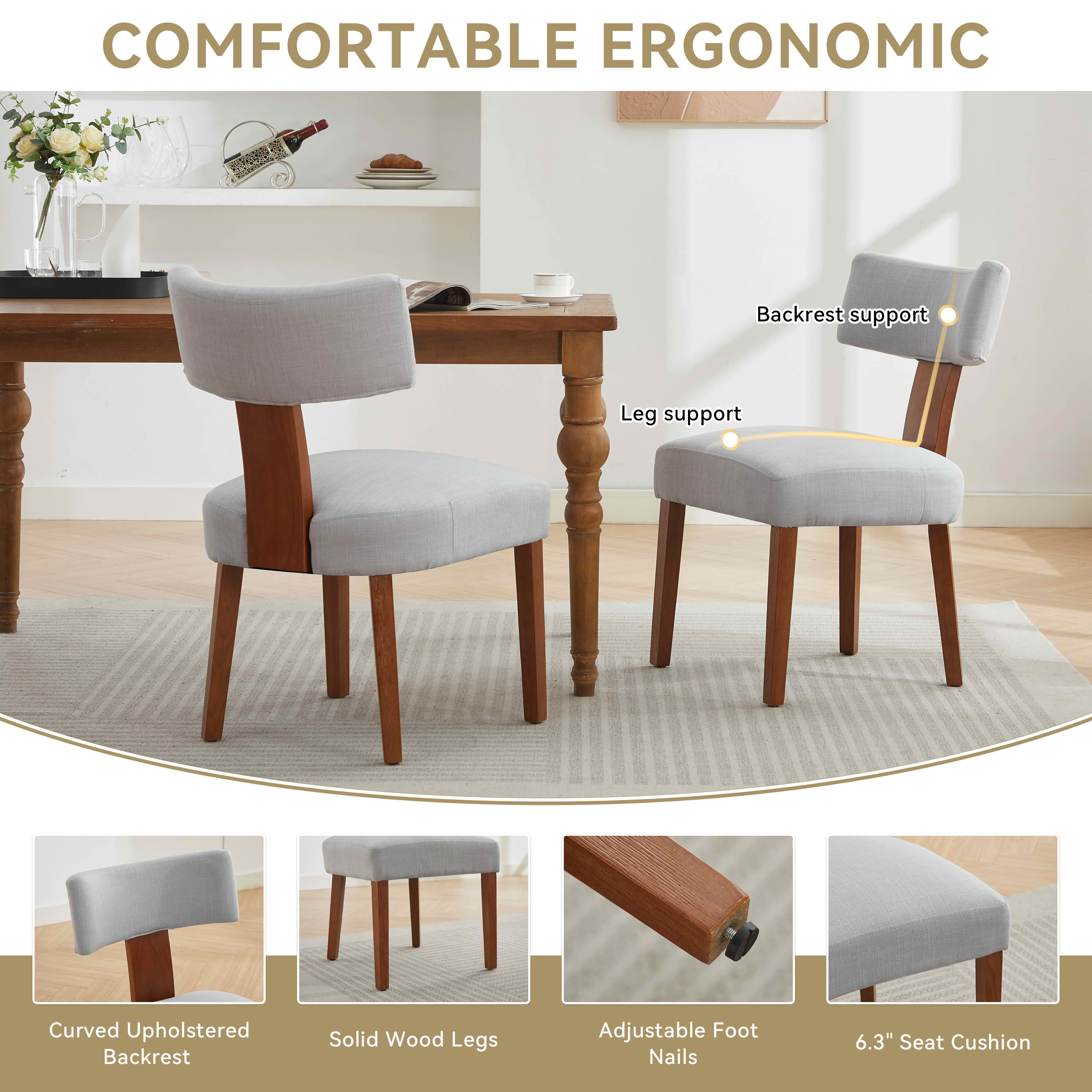 MAYEERTY Set of 2 Linen Fabric Modern Armless Dining Chairs, Curved Backrest & Solid Wooden Legs, for Dining Room & Living Room, Gray