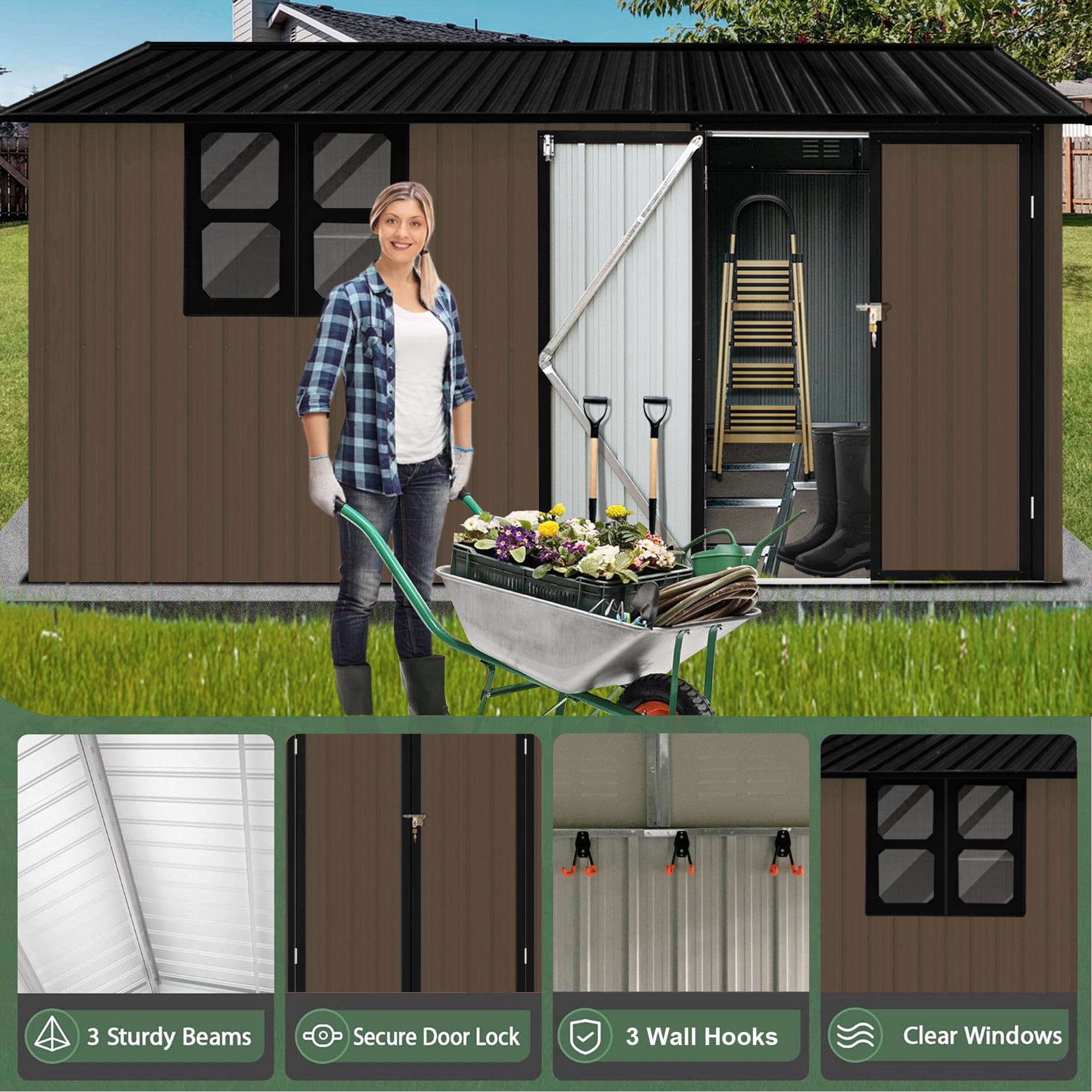 Aukfa 10 x 12FT Outdoor Storage Shed with Lockable Door, Metal Garden Tool Shed with Window & Sloped Roof for Backyard, Patio and Backyard, Brwon