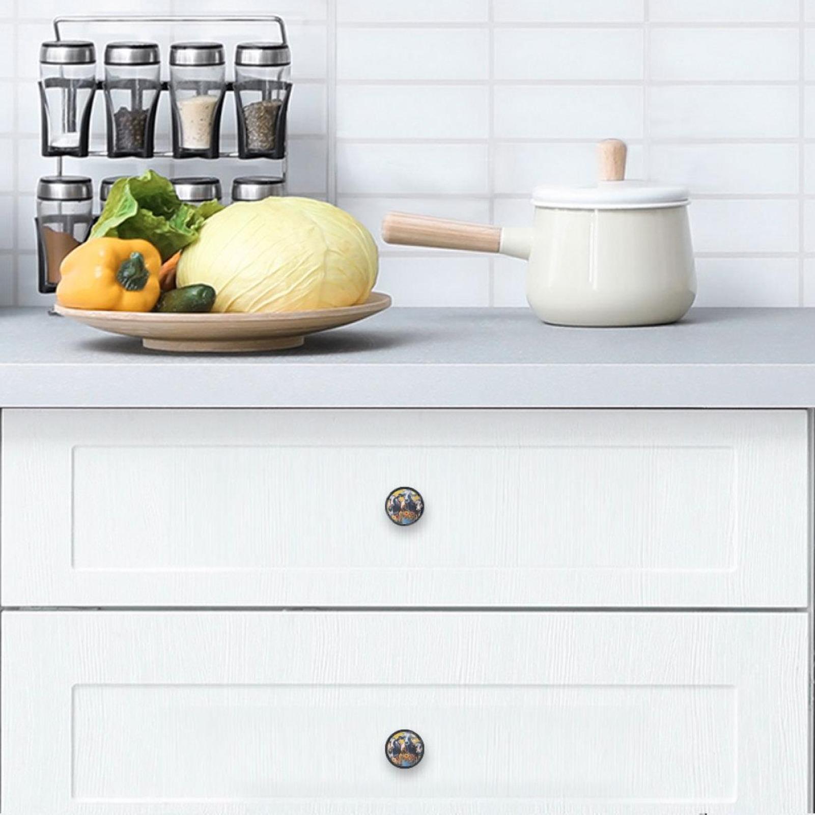 4 Pcs Cow and Sunflower Knobs for Kitchen Cabinet Cupboard Dresser Bookcase Drawer Pulls Handles Round Home Decor