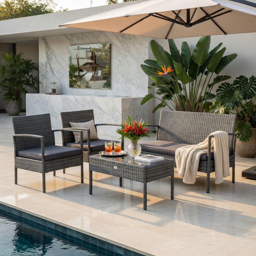 Hommoo 4-Piece Outdoor Rattan Patio Conversation Set with Steel Frame, Thick Cushions & Tempered Glass Coffee Table for Backyard, Poolside & Balcony, Gray