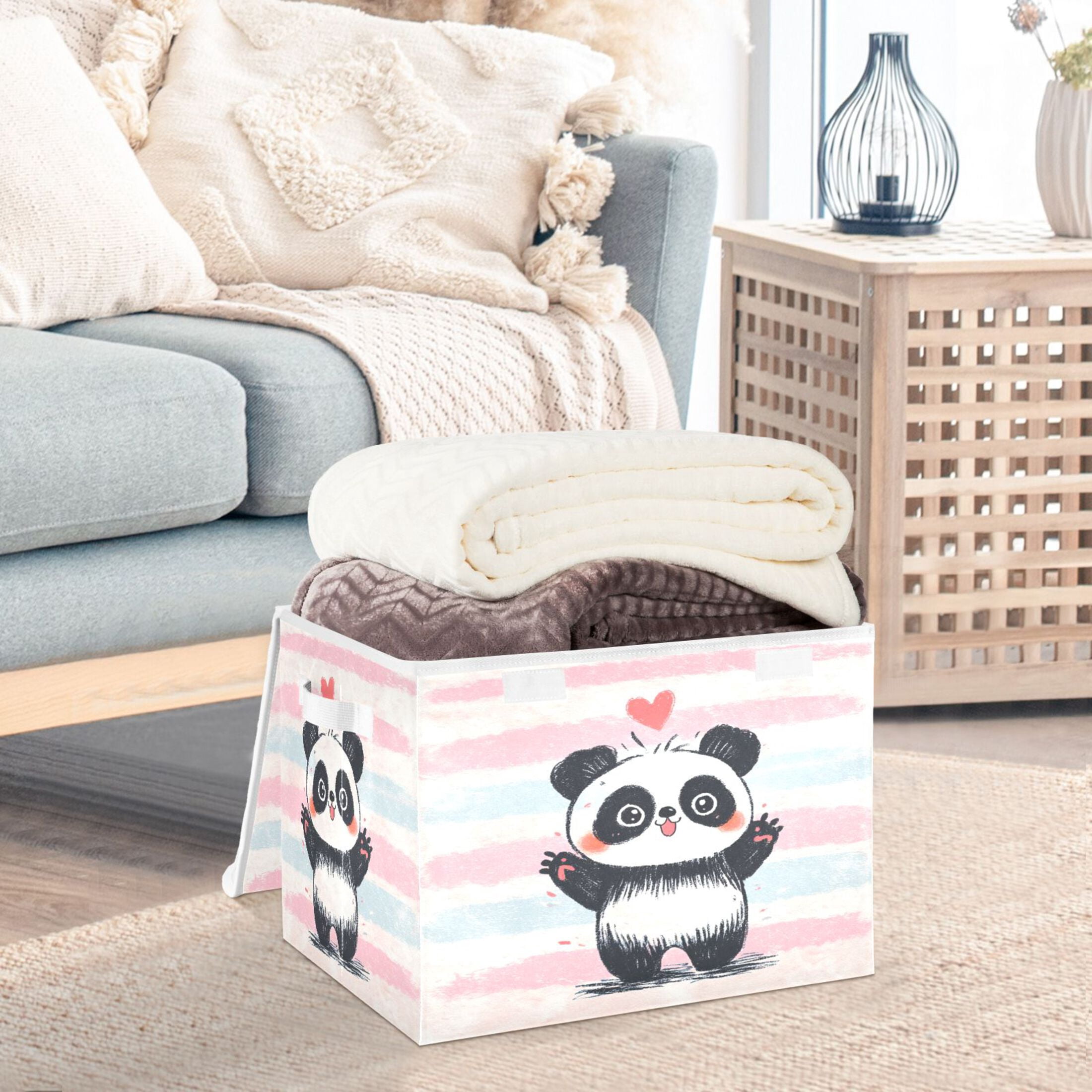 Large Collapsible Fabric Storage Box with Flip Lid & Handles, Decorative Organizer Basket for Home16.5×12.6×11.8in Crayon Panda Illustration