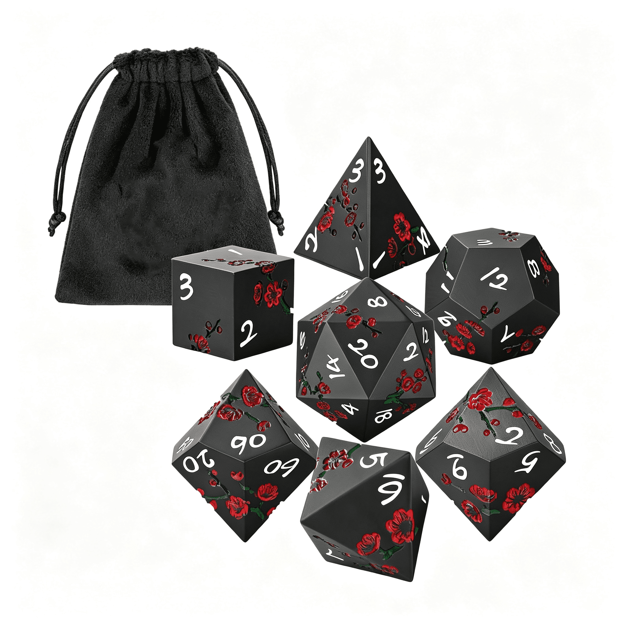 HHNOU Metal Dice Set Flat Face Red Plum Blossom Pattern 7Pcs Polyhedral Metal Dnd Dice Set Dnd Starter Set D&D Gifts with Gift Bag Role Playing Board Games Accessories Black