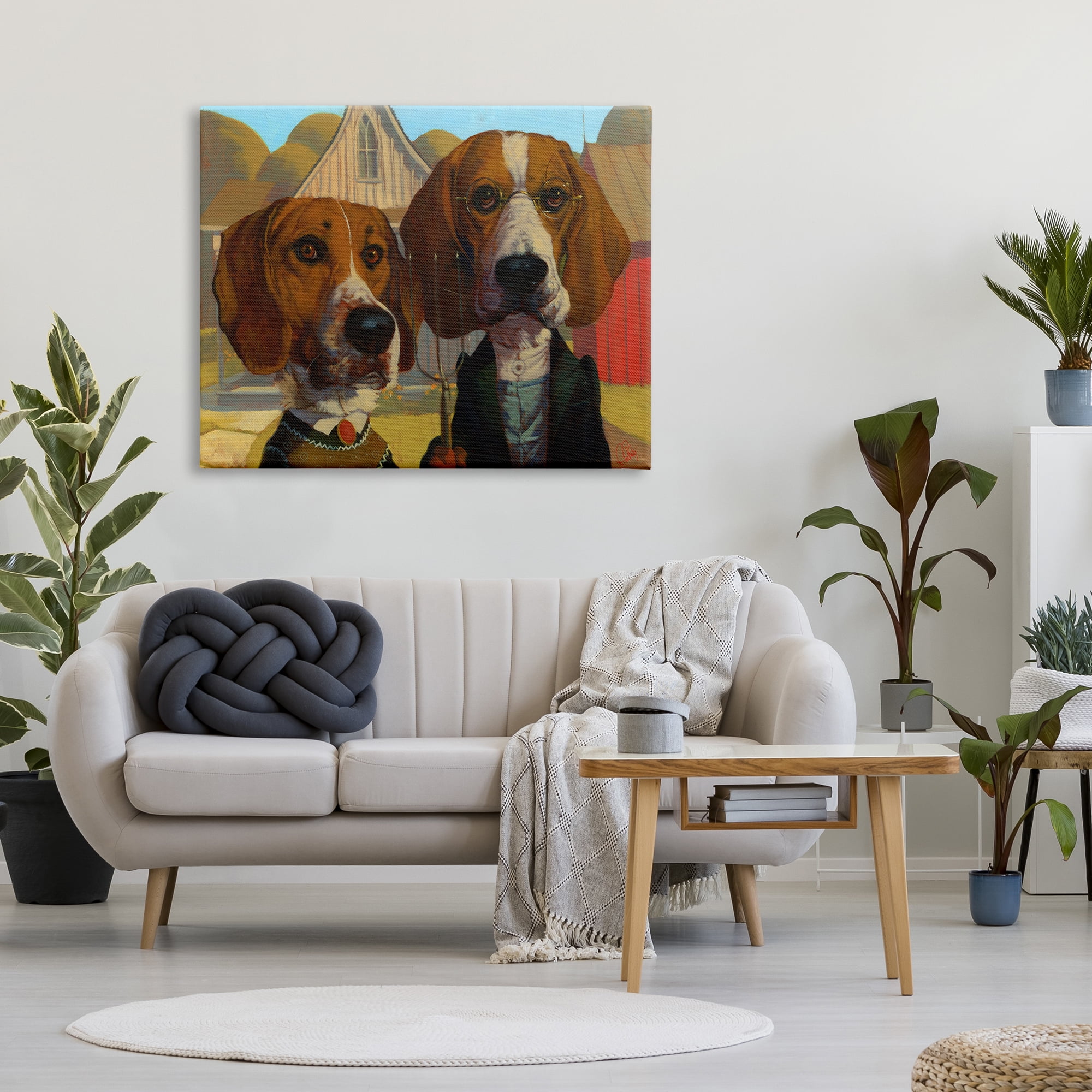 Stupell Industries Basset Hound American Gothic Farm Pet Parody Animals & Insects Painting Gallery Wrapped Canvas Print Wall Art, 36 x 48
