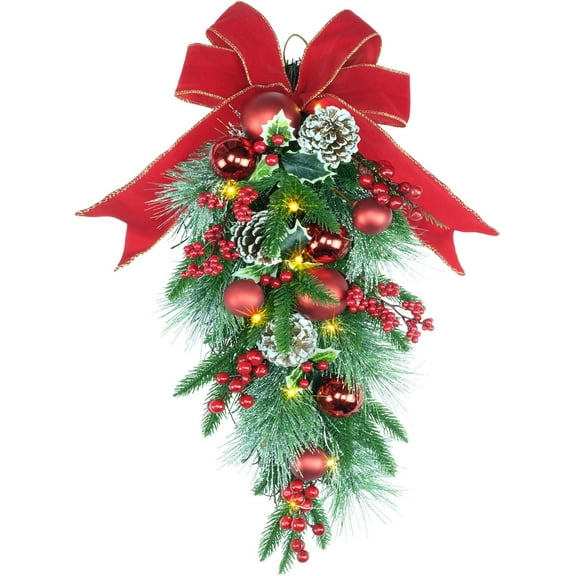 HaCpiu 24" Pre-lit Decorative Teardrop Swag, Christmas Door Swag with Fairy Lights, Red Bowknot & Baubles, Pine Cones, Red Berries, Green Leaves Holly, Spruce Branches, Pine Needles