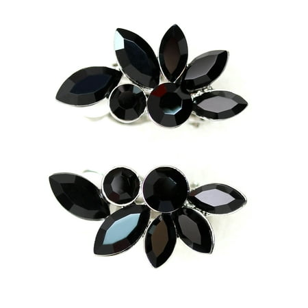 Blue Rhinestone Clip Earrings - Faship Gorgeous Black Floral Clip On Style Earrings - Black
