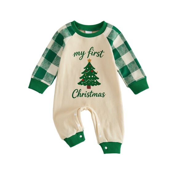 Cjfdfy Newborn Baby Girl Boys Christmas Jumpsuit Santa Claus Tree Plaid Long Sleeve Romper Little Baby Cute My First Christmas Fall Winter Outfits 0-18M