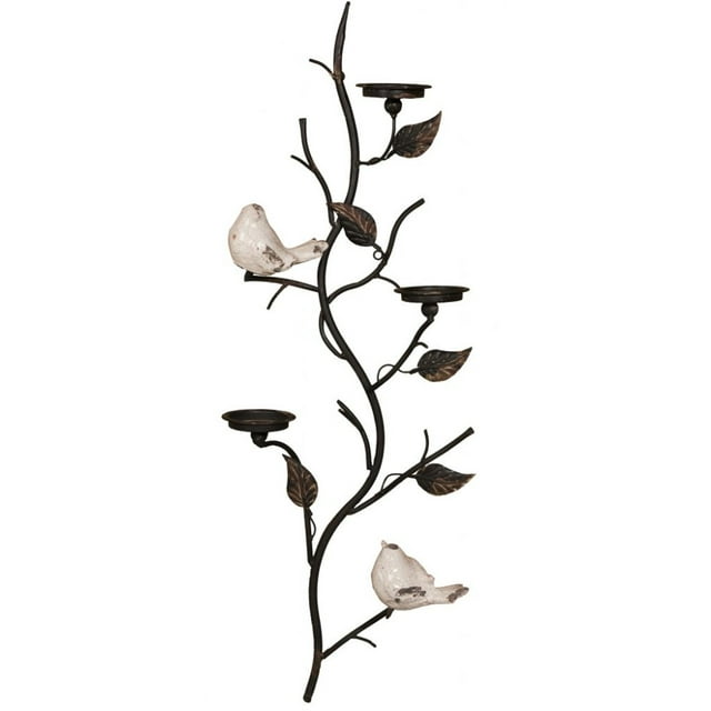 Wall Mount Metal Branch Candle Holder With Ceramic Birds, Black, Set of Two