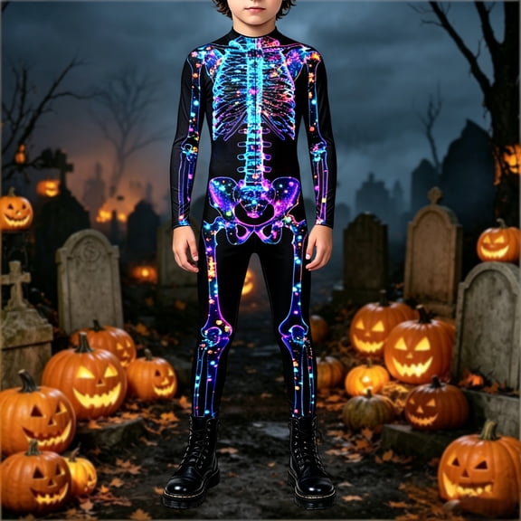 Ulitacool Boy Onesies 13-14 Years Round Neck Long Sleeve Halloween Zip Front Romper Cartoon Skeleton Graphic Bodysuit Basic Wear Blue