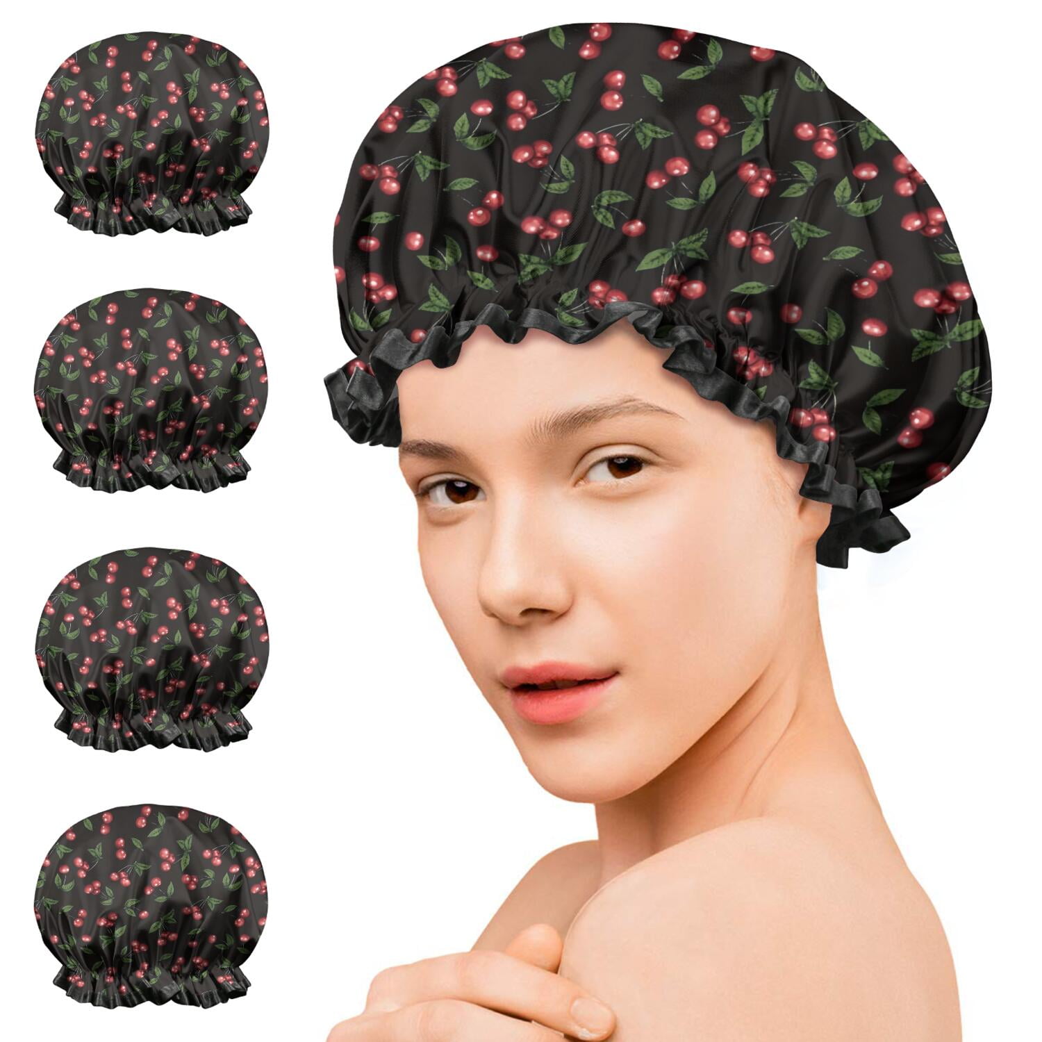 Shower Caps,Black Christmas Cherry Pattern Waterproof Shower Cap for Women 4 Pieces,Double Reusable Hair Cover for Shower PEVA Elastic Stretch Hem