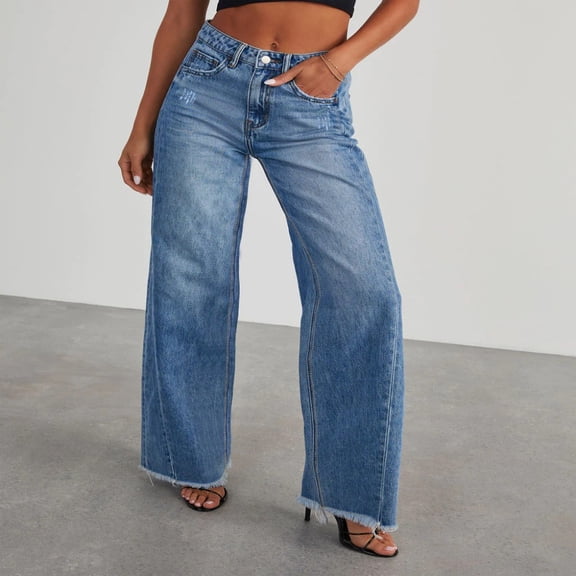 LYMAYTER Womens Wide Leg Jeans Baggy Casual Denim Pants High Waisted Stretchy Frayed Hem Jeans
