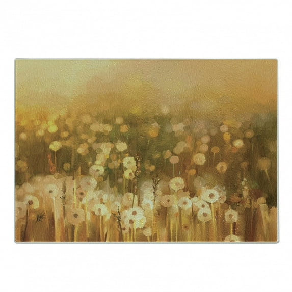 Dandelion Cutting Board, Vintage Flowers in Meadows at Sunset Springtime Oil Painting Style, Decorative Tempered Glass Cutting and Serving Board, Small Size, Pale Orange Green Brown, by Ambesonne