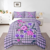 Homewish Kawaii Rustic Flower Queen Comforter Set,Country Farmhouse Lodge Bedding Sets,Purple Pink Bedding Comforter Set For Girl,Microfiber Bedroom Decor Reversible,3pcs