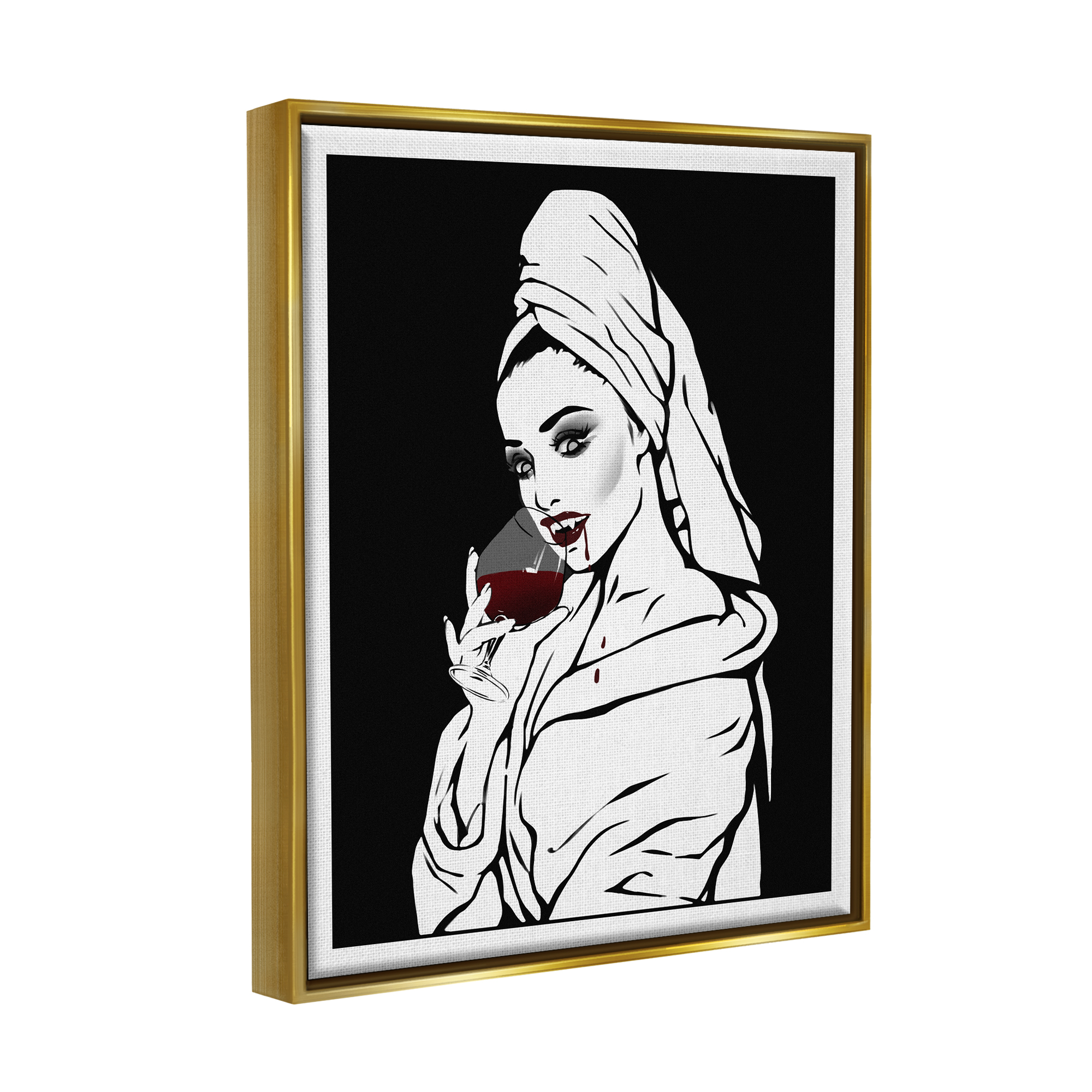 Stupell Vampire Wine Glass Glam Woman Beauty & Fashion Painting Gold Floater Framed Art Print Wall Art