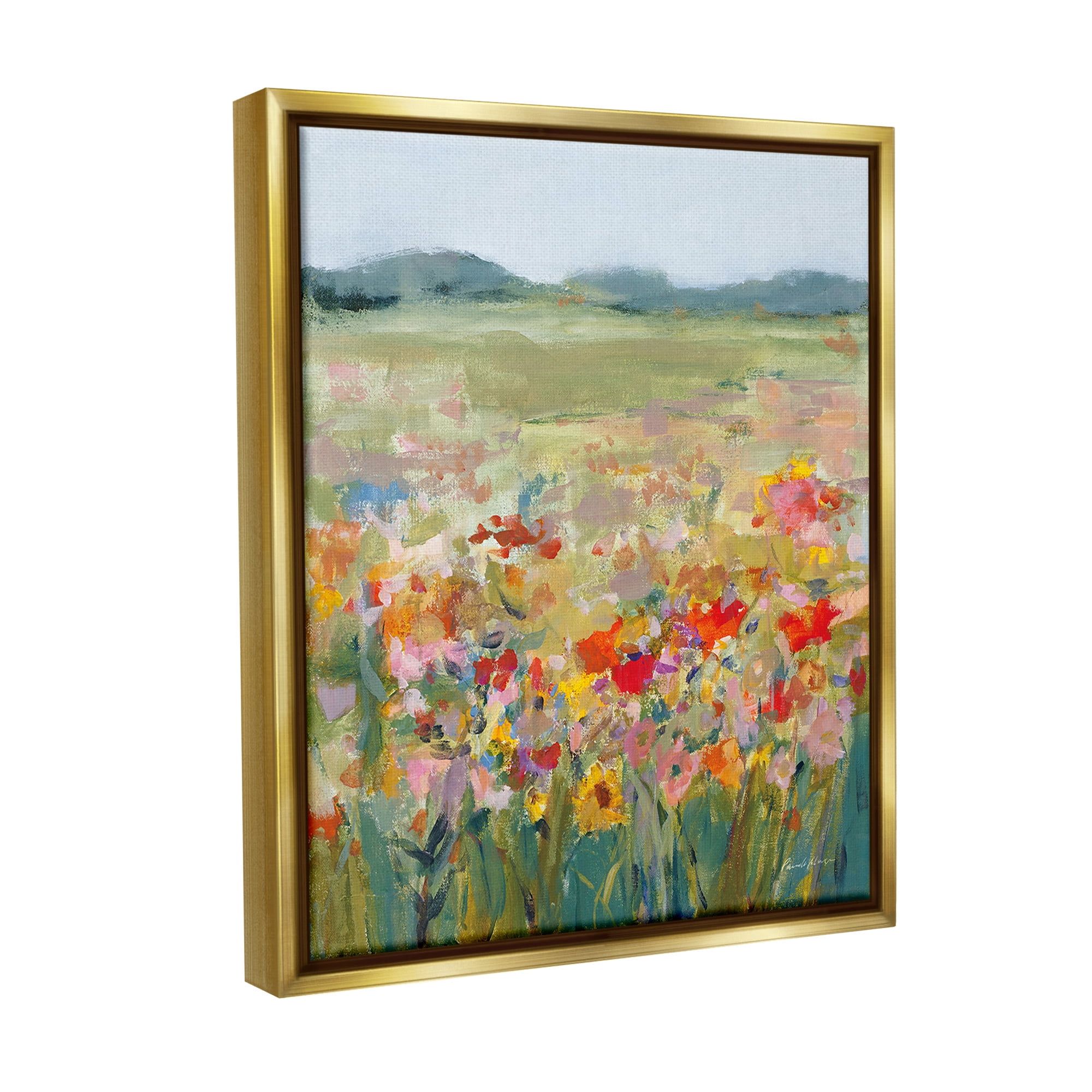 Stupell Industries Vivid Flower Meadow Landscape Painting Gold Floater Framed Canvas Art Print Wall Art, 25 x 31