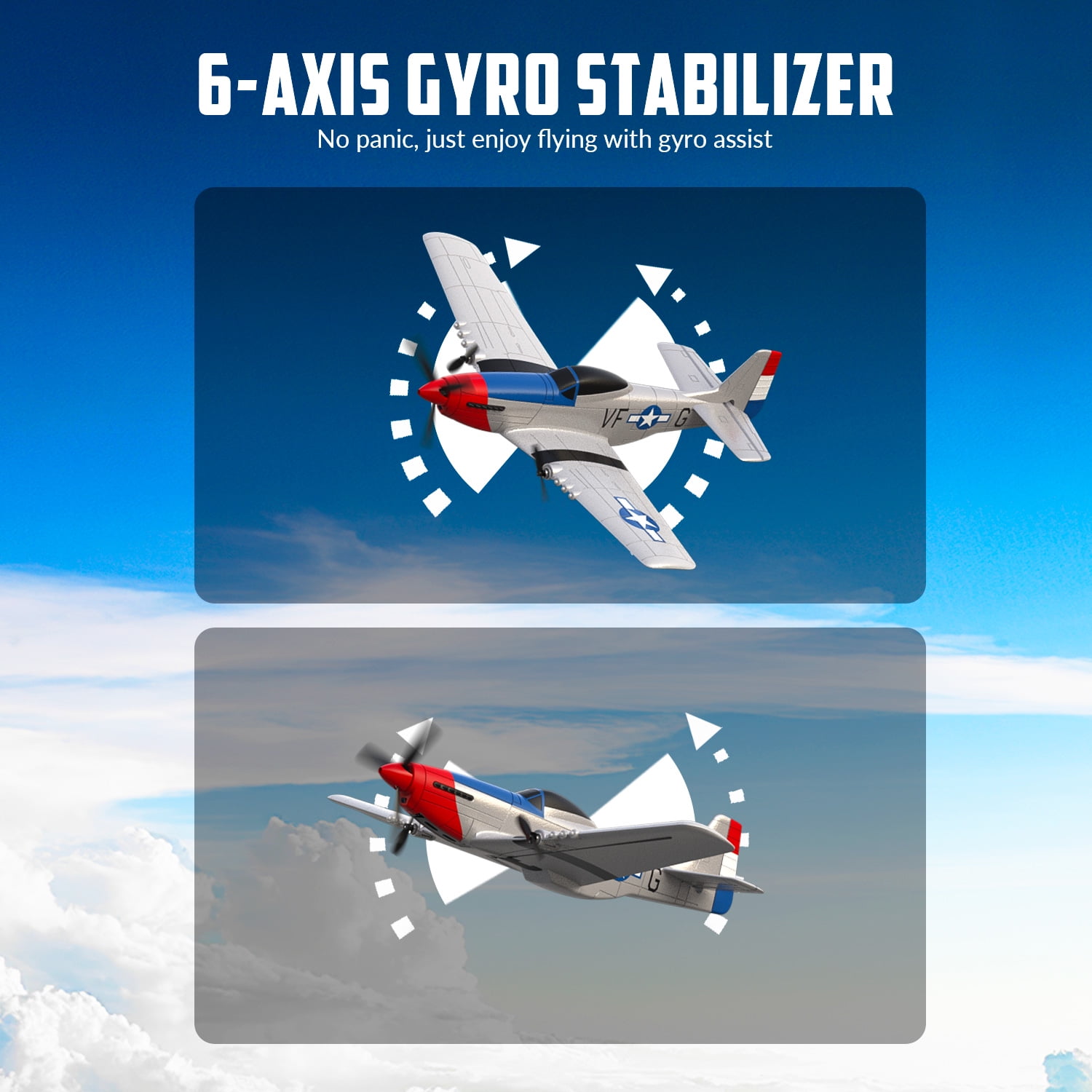 Bruce&Shark RC Plane, 3-CH P-51D Mustang Remote Control Airplane for Adults, 6-Axis Gyro, Easy to Fly, Suitable for Outdoor Activity