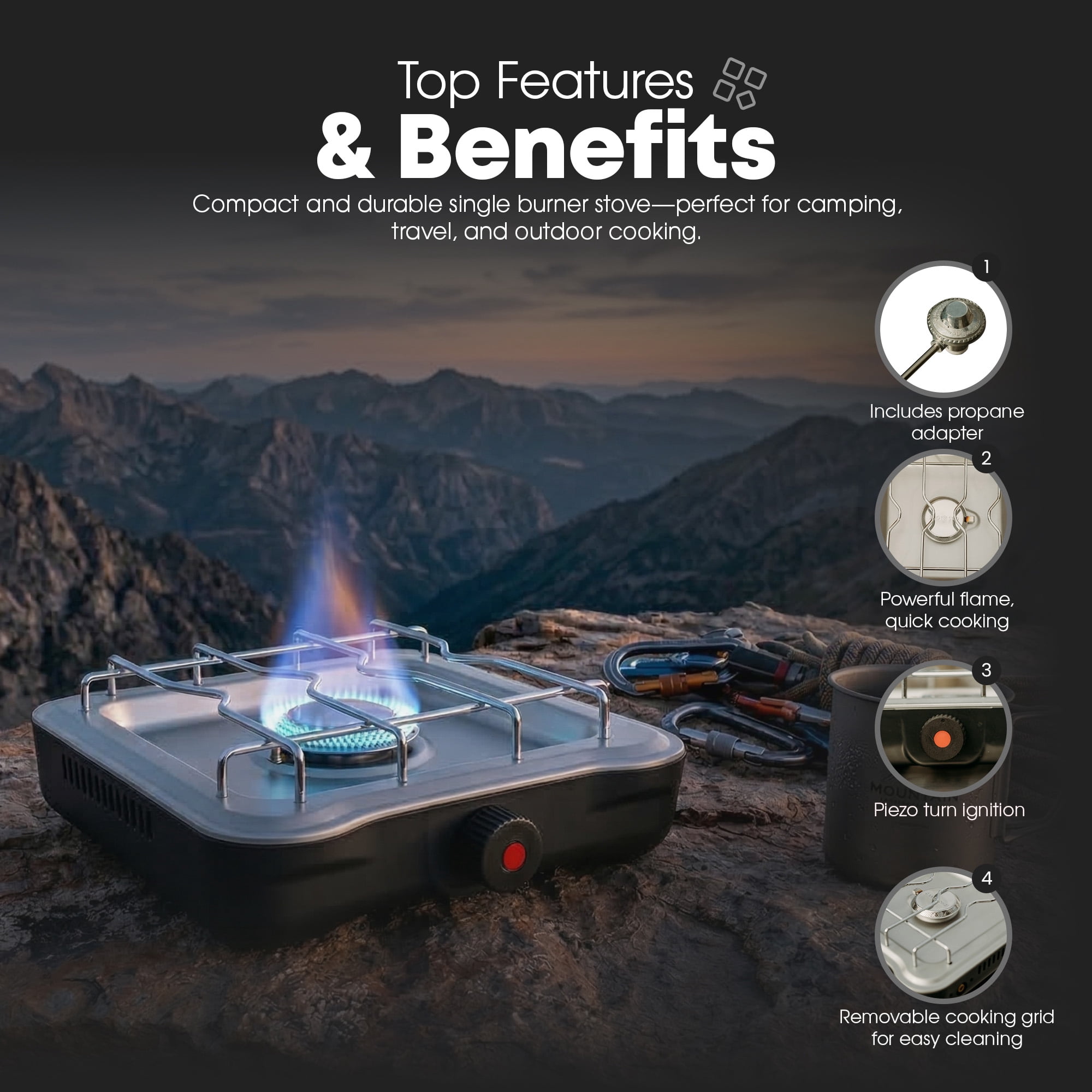 GasOne Single Propane Burner Camp Stove – 10,000BTU Portable Stove Propane Grill in Midnight Blue with Removable Cooking Grid – Large Easy to Use Knob – Carry Case Included