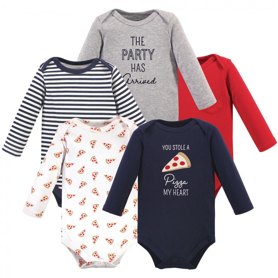 Hudson Baby Infant Boy Cotton Long-Sleeve Bodysuits 5pk, Pizza, 9-12 Months