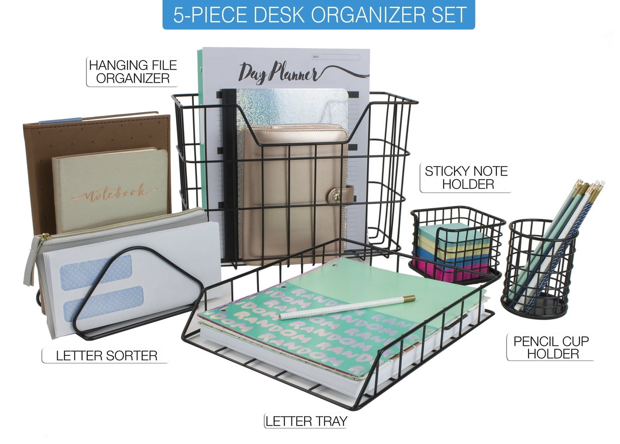 Wire Metal 5 in 1 Desk Organizer Set - Letter Sorter, Pencil Holder, Stick Note Holder, Hanging File Organizer and Letter Tray, Black