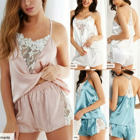 White Lace Gown Set - 2pcs Women Sexy Satin Lace Sleepwear Babydoll Lingerie Nightdress Pajamas Set