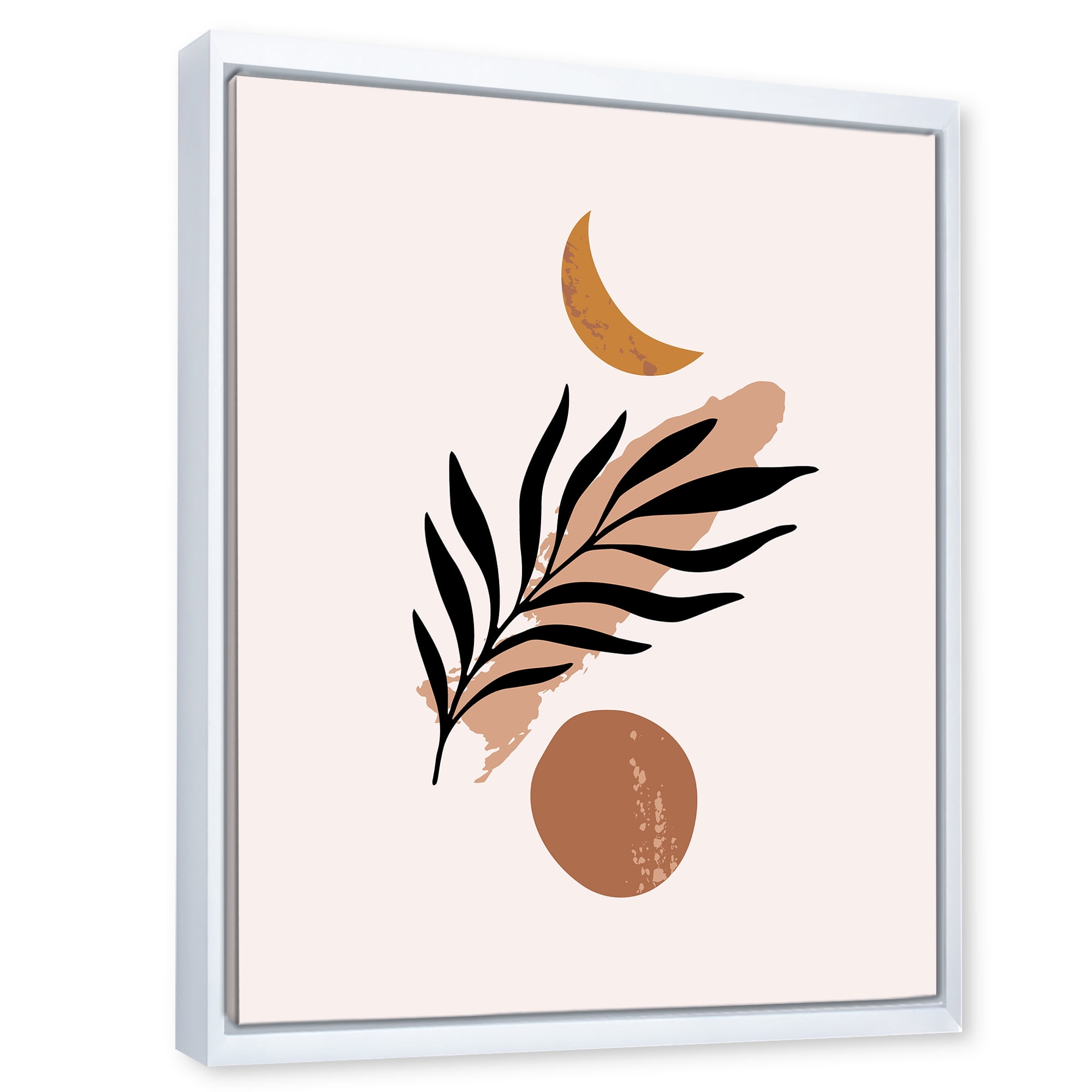 Designart 'Abstact Tropical Palm Leaf, Minimal Sun And Moon I' Modern Framed Canvas Wall Art Print