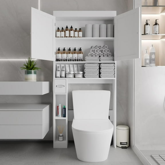 Storage Cabinet - 2 Door Bathroom Organizer with Adjustable Shelves, Farmhouse Space-Saving Rack for Bathroom, Toilet, Laundry Room (White)