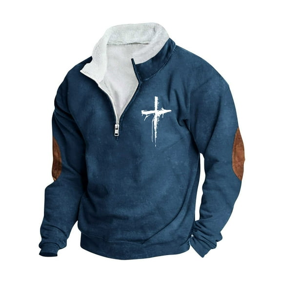 Men's Long Sleeve Sweatshirt Cross Print Sherpa Lined Shirts Distressed Texture Casual Half-Zip Pullover Top