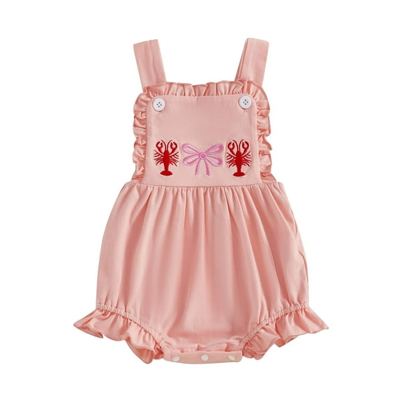 CocMouse Girls Ruffle Trim Overalls Sleeveless Lobster Bow Embroidery Romper