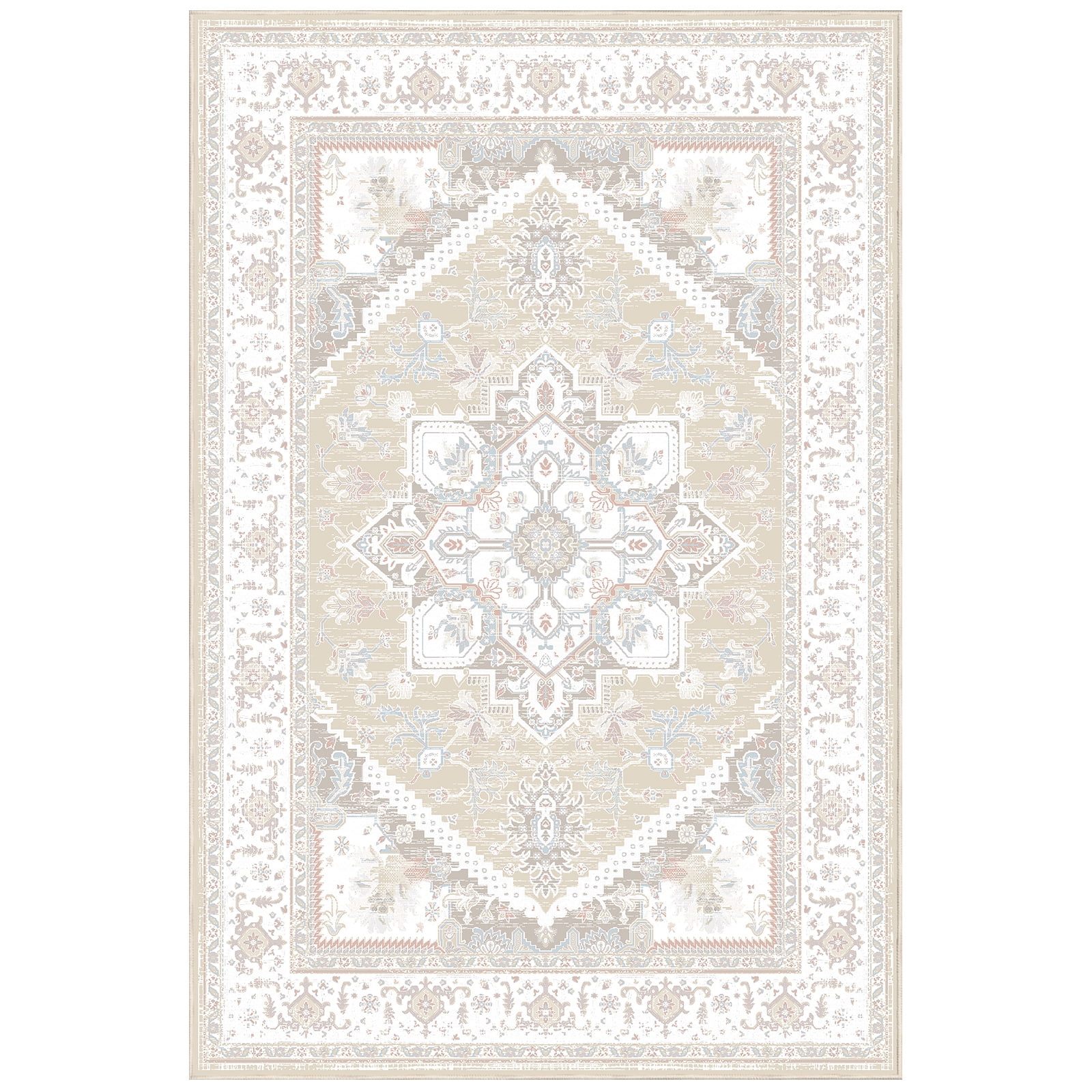 8'x10' Area Rugs, Machine Washable Non Slip Area Rug for Living Room, Soft Low Pile Vintage Print Pattern Indoor Bedroom Thin Carpet, Cream
