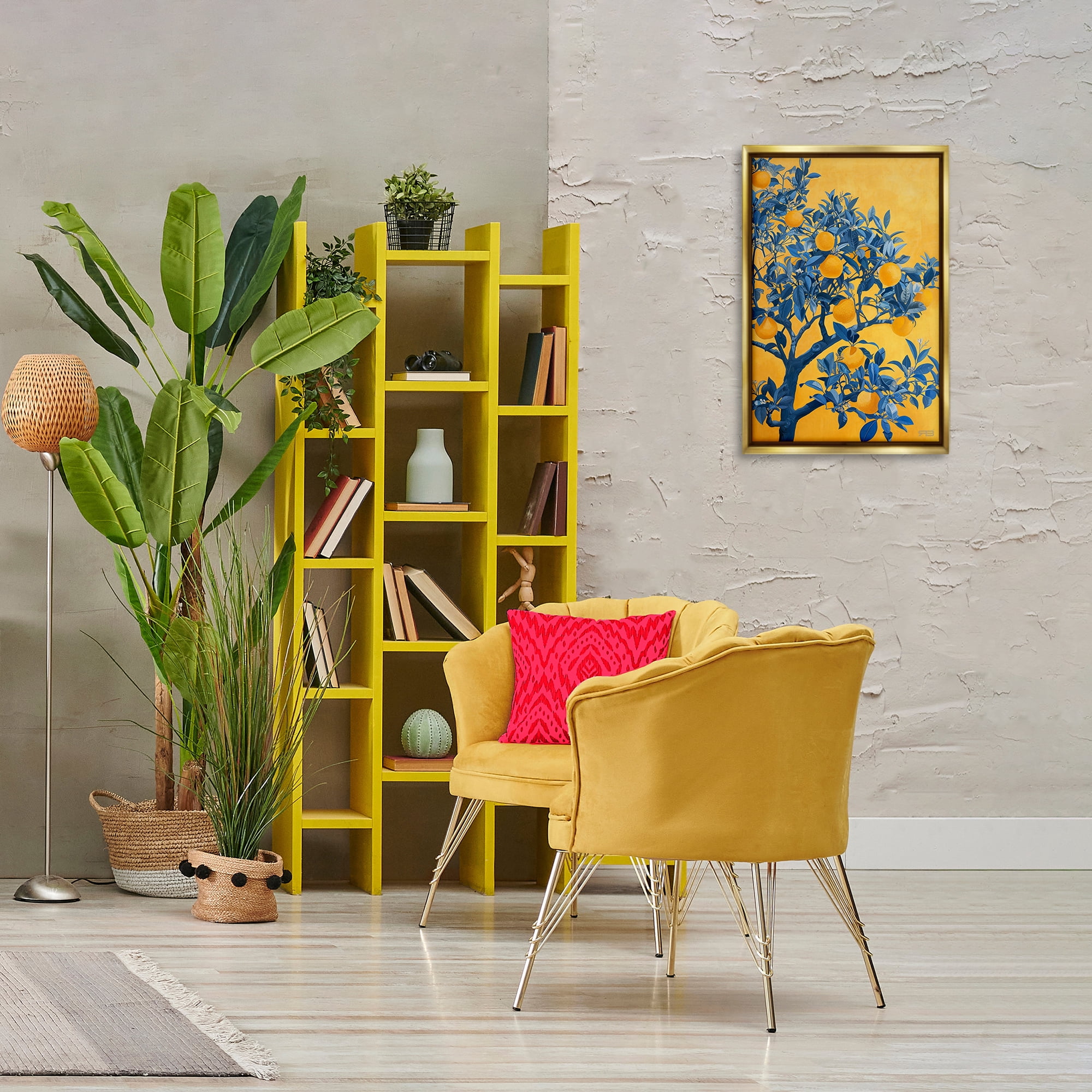 Stupell Industries Lemon Tree on Orange Food & Beverage Painting Gold Floater Framed Canvas Art Print Wall Art, 17 x 25