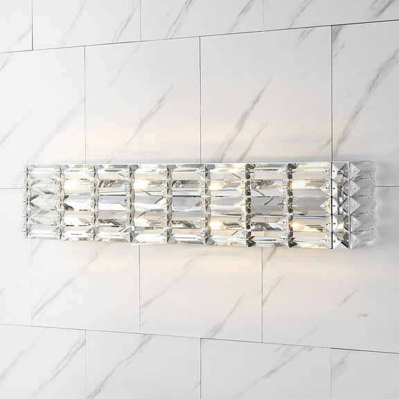 JONATHAN Y Evelyn Crystal Rectangle 31.75" 4-Light Iron/Crystal Glam Modern LED Vanity Light, Chrome