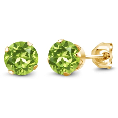 Gem Stone King Round Shape Green Peridot (1.20 Ct) 18K Yellow Gold Plated Silver Stud Earrings for Women Men