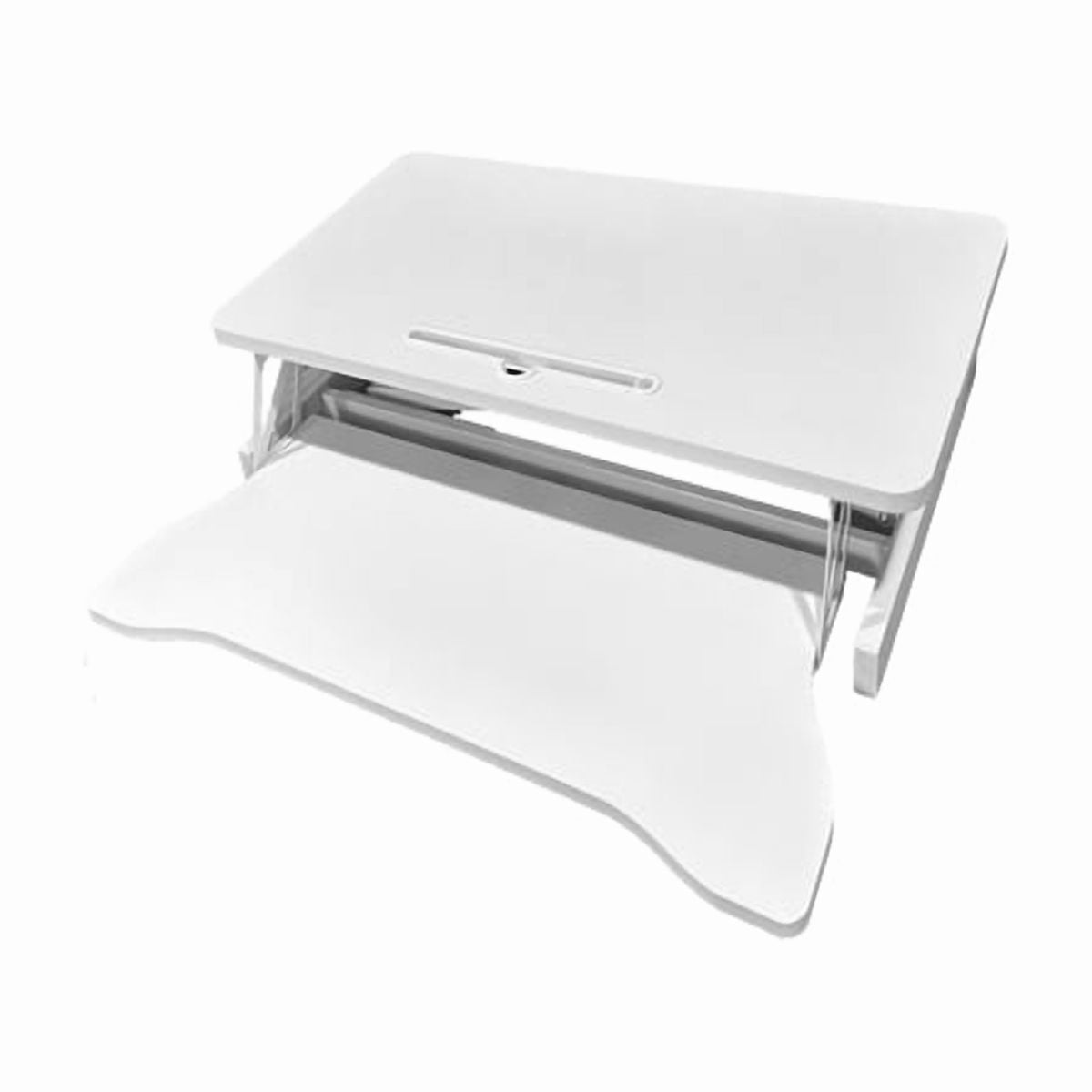 32 inch office desk converter, height adjustable sit stand lifter, dual monitor and laptop workstation, bandwidth keyboard stand, white