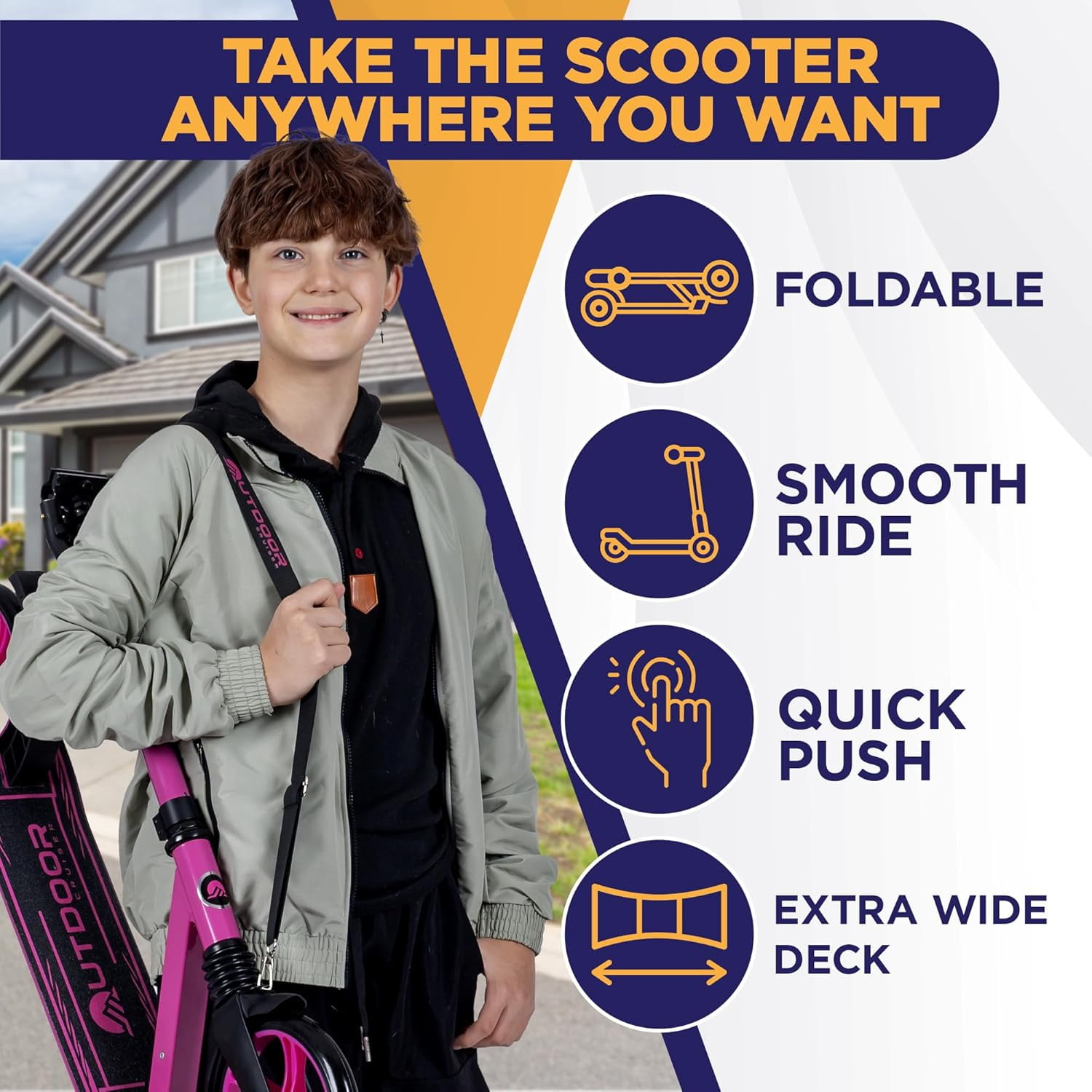 Outdoor Cruiser Kick Scooter for Ages 6+, for Kids, Teens, and Adults, Max Load 250 LBS, Foldable, 8-inch Wheels for Kids and Adults, Dual Suspension, 3 Adjustable Levels, Child Safety Approved, Pink