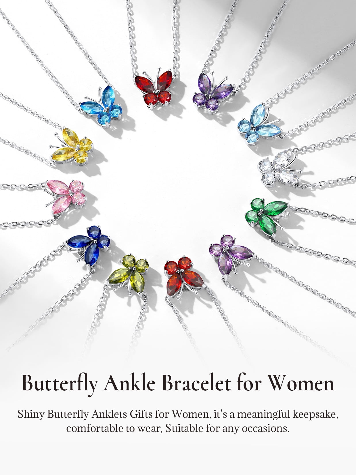 U7 Sterling Silver Anklet Bracelet for Women Butterfly February Birthstone Double Layered Ankle Chain Birthday Daughter Mom Summer Beach Jewelry Gift