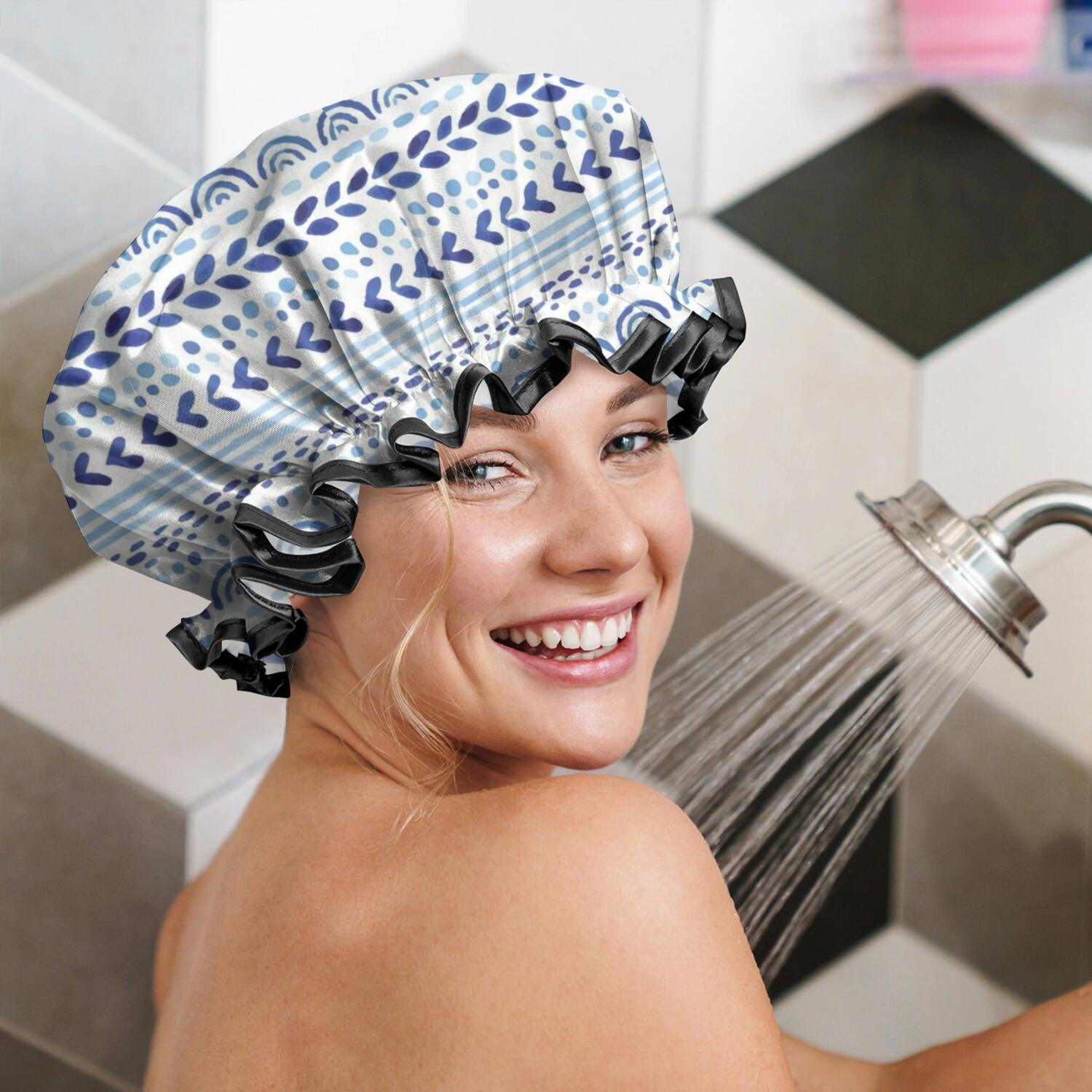 Shower Caps,Blue Striped Geometric Pattern Waterproof Shower Cap for Women 4 Pieces,Double Reusable Hair Cover for Shower PEVA Elastic Stretch Hem