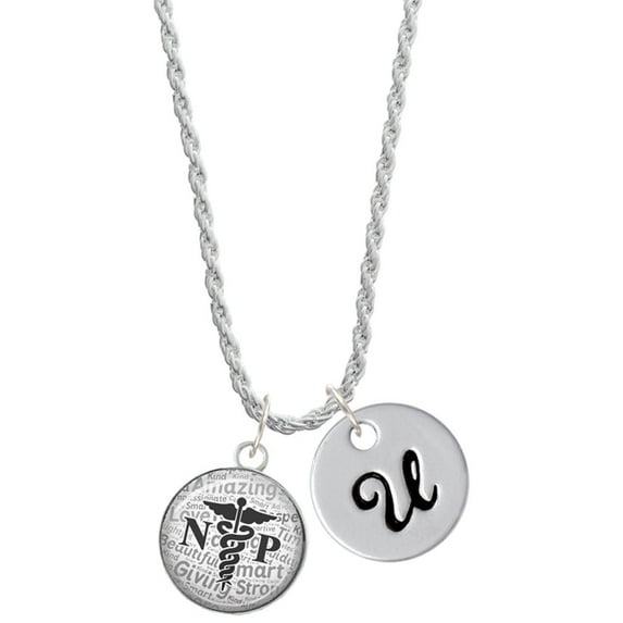 Delight Jewelry Silvertone Domed Black NP Silvertone Script Initial Disc - U - Charm Necklace, 20"+3"