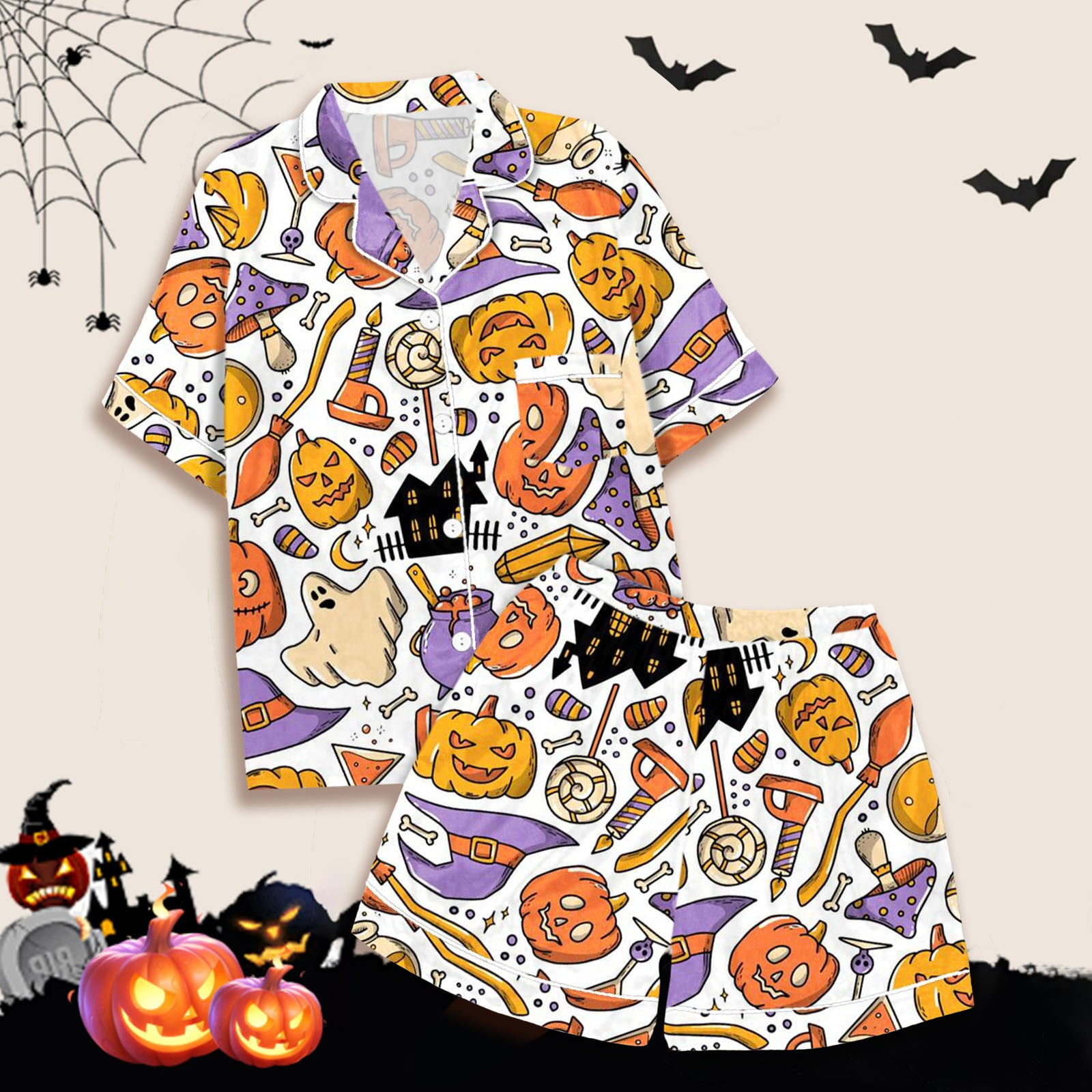 Pyjama Femme Halloween – Imprimé Festif, Col Boutonné, Manches Longues – Tissu Doux En Polyester – Taille 40 - 11
