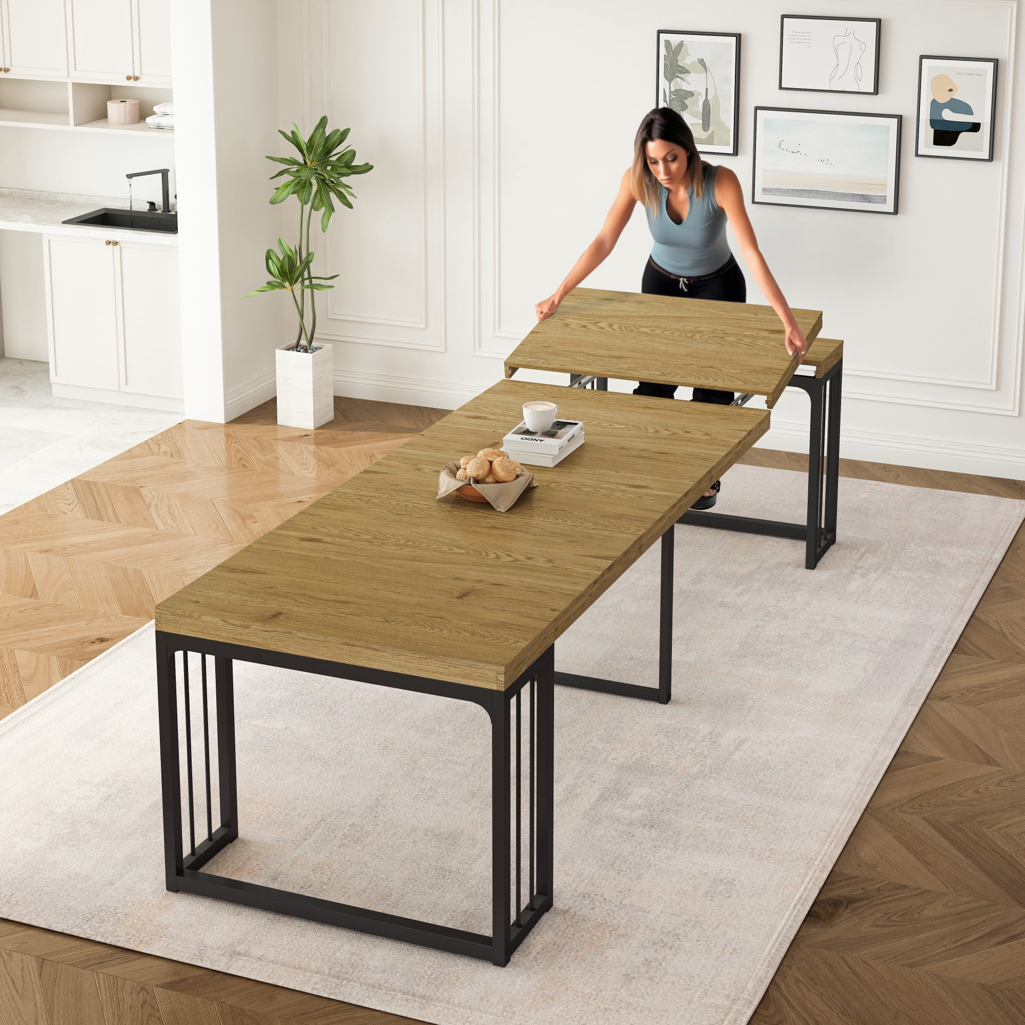 BSHTI 23.62"-118" MDF Extendable Rectangular Dining Table with Metal Base, Wood Grain Top for Kitchen/Dining Room（Oak）